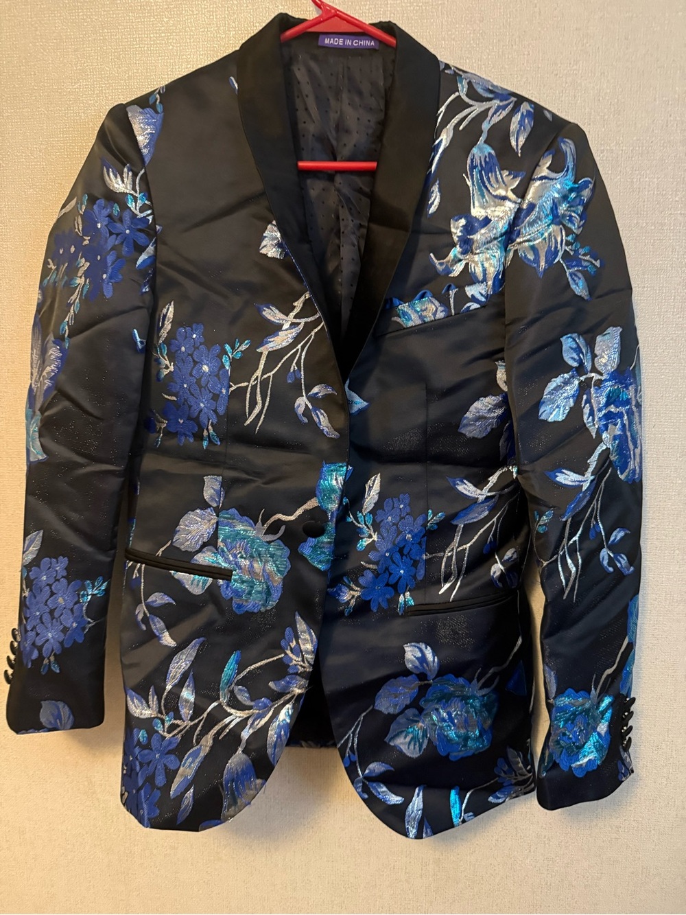 Black Floral-Embroidered Satin Blazer in Blue